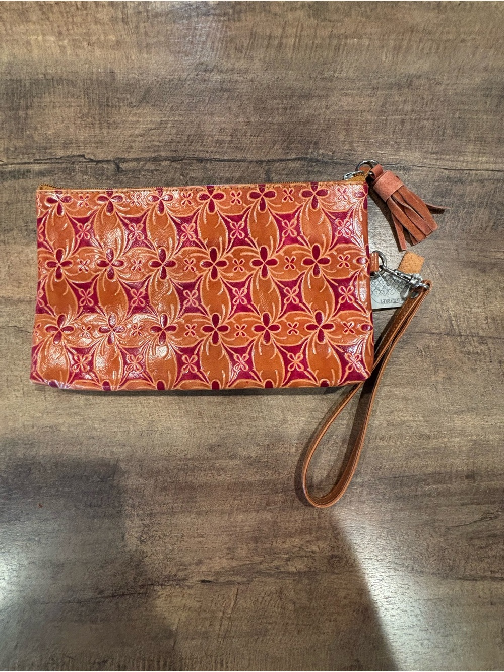 Cost Plus World Market Orange & Pink Embossed Floral Wristlet Clutch